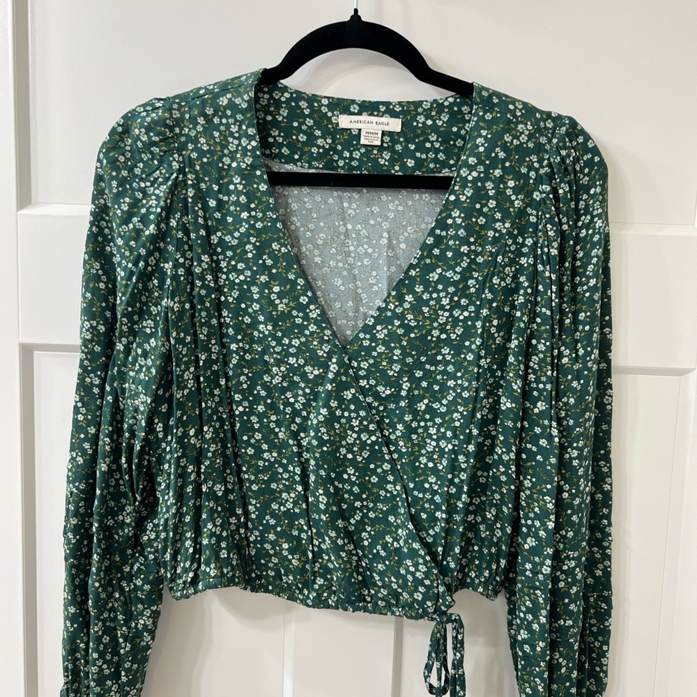 American Eagle Outfitters Green Wrap Blouse with Tie Front